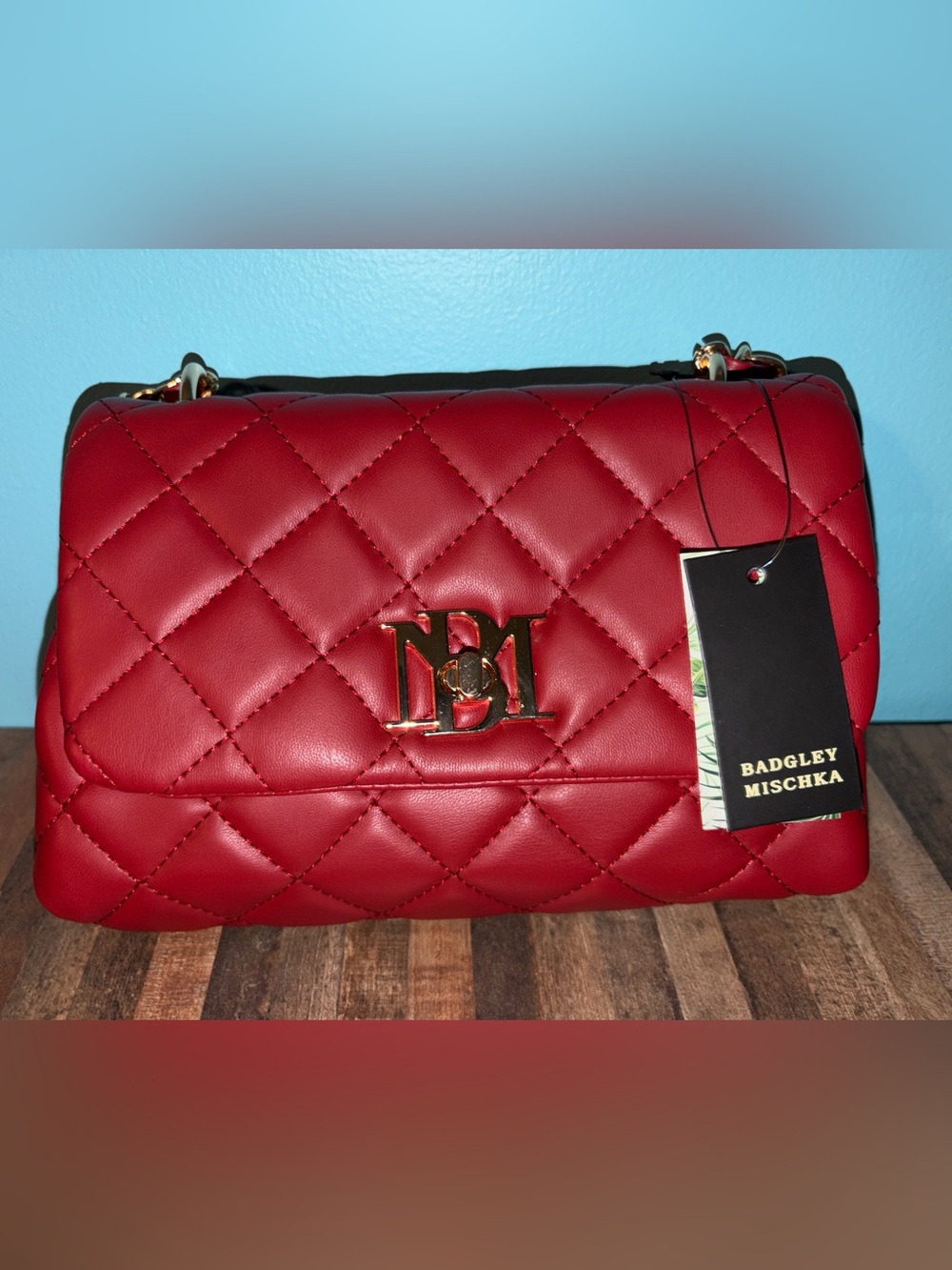 Badgley Mischka Quilted Red Shoulder Bag with Gold Hardware